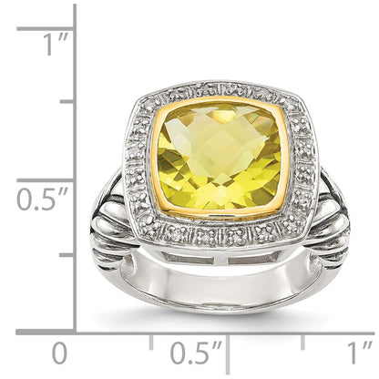 14K/Silver Two Tone Shey Couture Sterling Silver With 14K Accent Antiqued Cushion Bezel Lemon Quartz And Diamond Ring