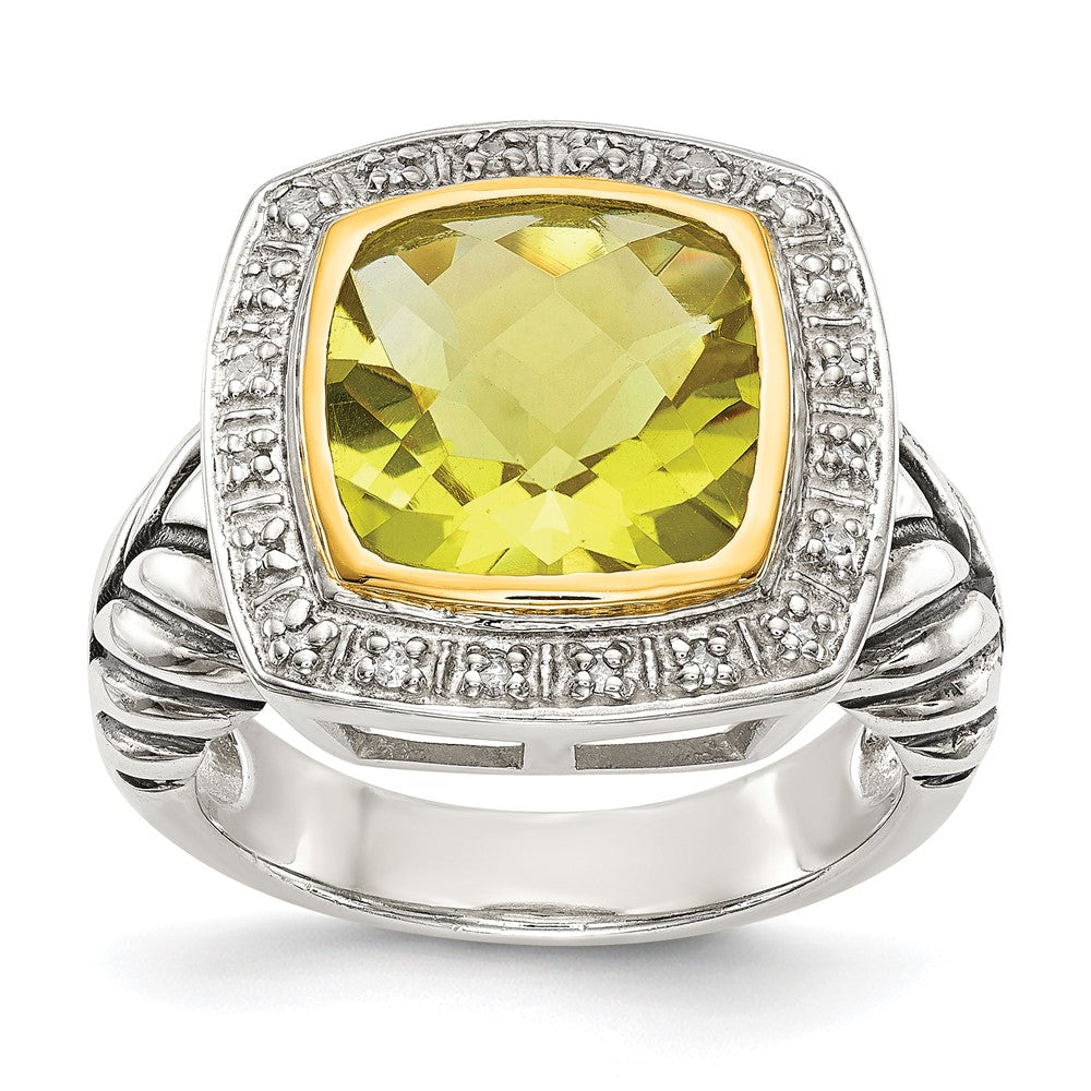 14K/Silver Two Tone Shey Couture Sterling Silver With 14K Accent Antiqued Cushion Bezel Lemon Quartz And Diamond Ring