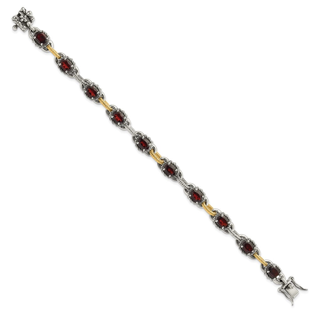 14K/Silver Two Tone Sterling Silver W/ 14Ky Accent Polished & Antiqued Garnet Link Bracelet