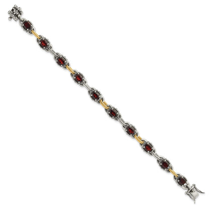 14K/Silver Two Tone Sterling Silver W/ 14Ky Accent Polished & Antiqued Garnet Link Bracelet