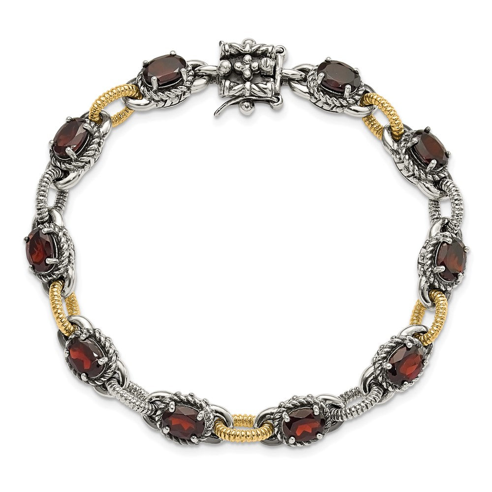 14K/Silver Two Tone Sterling Silver W/ 14Ky Accent Polished & Antiqued Garnet Link Bracelet
