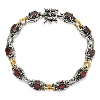 14K/Silver Two Tone Sterling Silver W/ 14Ky Accent Polished & Antiqued Garnet Link Bracelet
