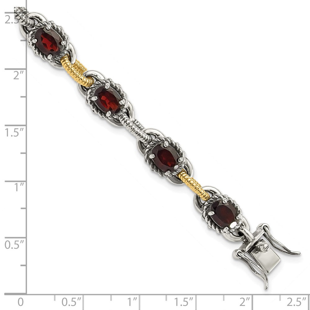 14K/Silver Two Tone Sterling Silver W/ 14Ky Accent Polished & Antiqued Garnet Link Bracelet