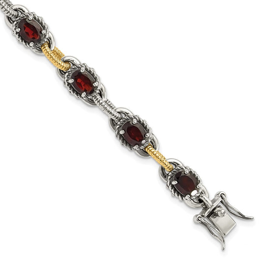14K/Silver Two Tone Sterling Silver W/ 14Ky Accent Polished & Antiqued Garnet Link Bracelet