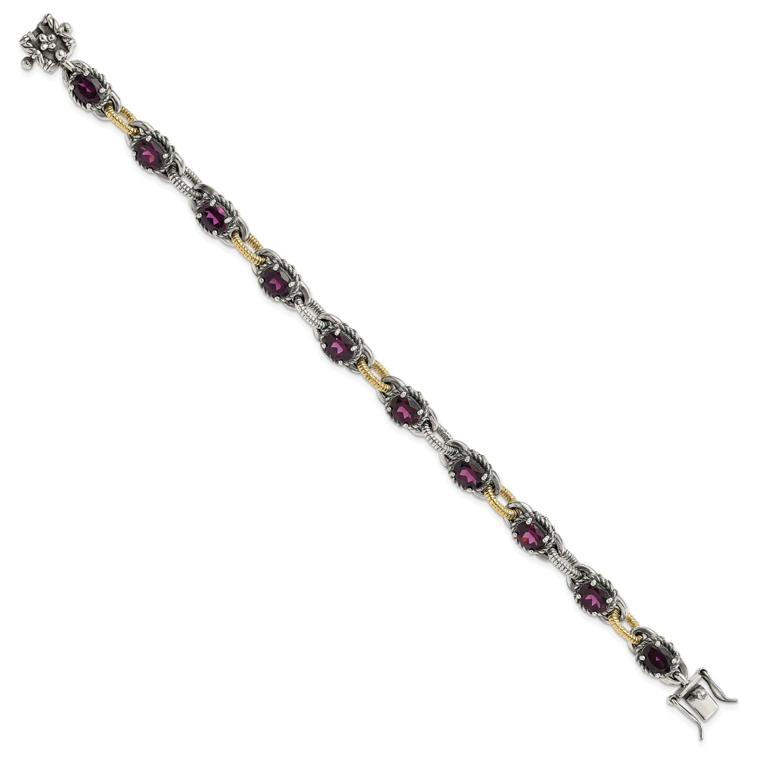 14K/Silver Two Tone Sterling Silver W/ 14K Accent Antiqued Rhodolite Garnet Link Bracelet