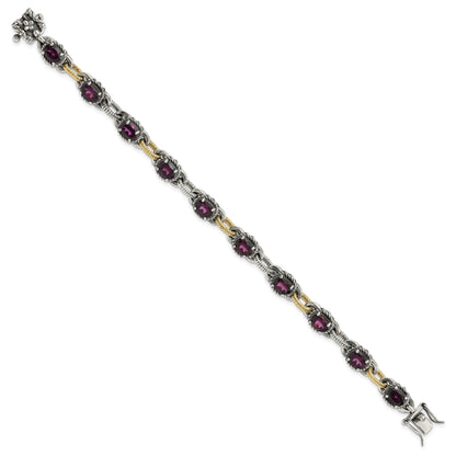 14K/Silver Two Tone Sterling Silver W/ 14K Accent Antiqued Rhodolite Garnet Link Bracelet