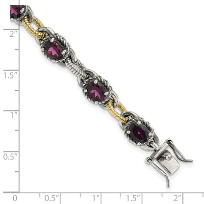 14K/Silver Two Tone Sterling Silver W/ 14K Accent Antiqued Rhodolite Garnet Link Bracelet