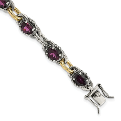 14K/Silver Two Tone Sterling Silver W/ 14K Accent Antiqued Rhodolite Garnet Link Bracelet