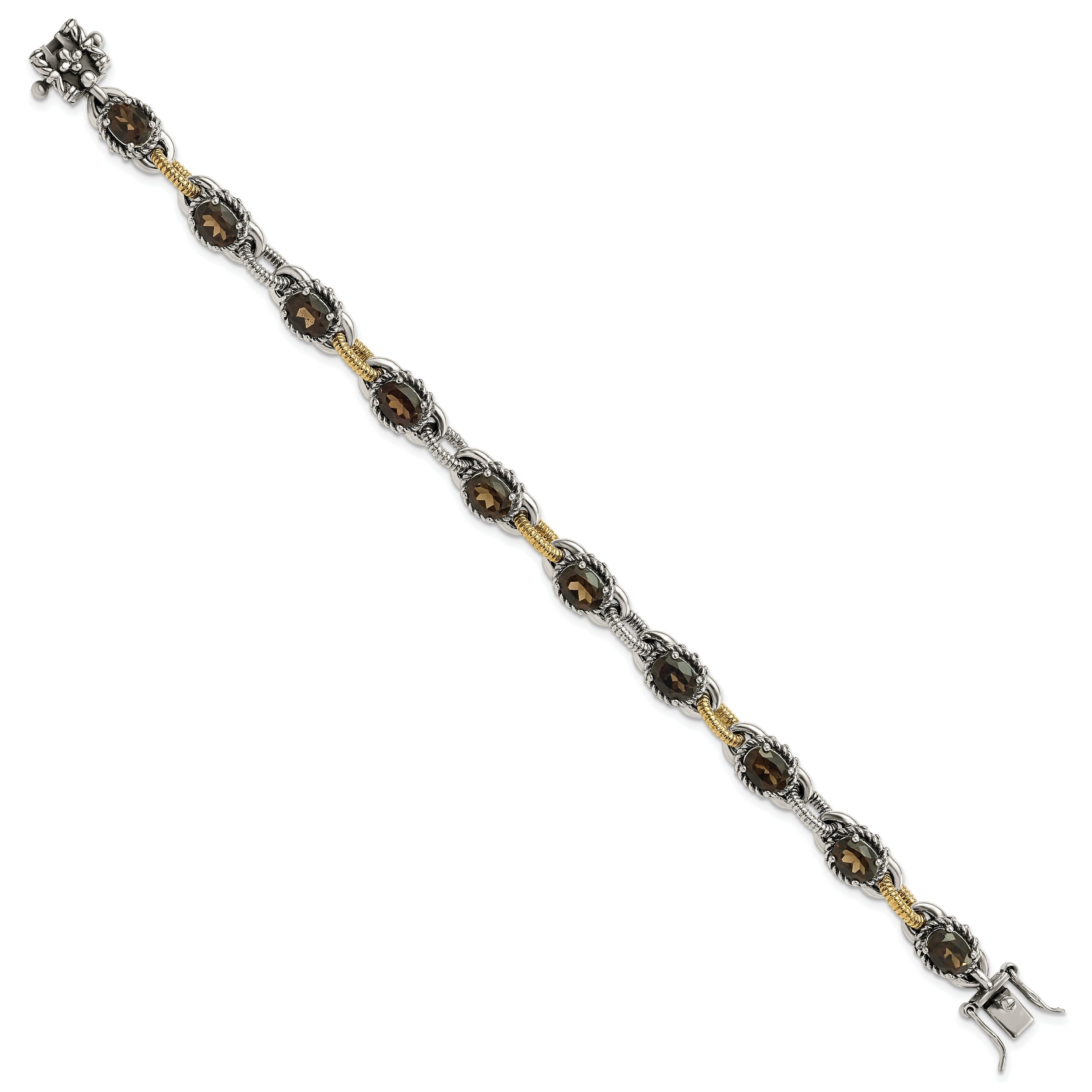 14K/Silver Two Tone Sterling Silver 14K Accent Antiqued Smoky Quartz Bracelet