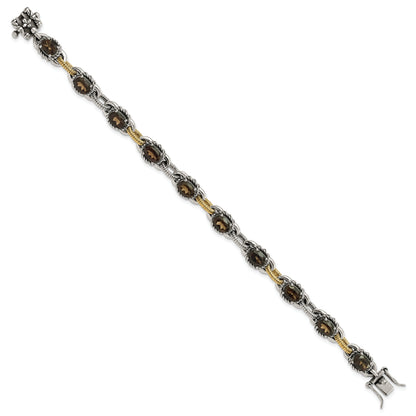 14K/Silver Two Tone Sterling Silver 14K Accent Antiqued Smoky Quartz Bracelet