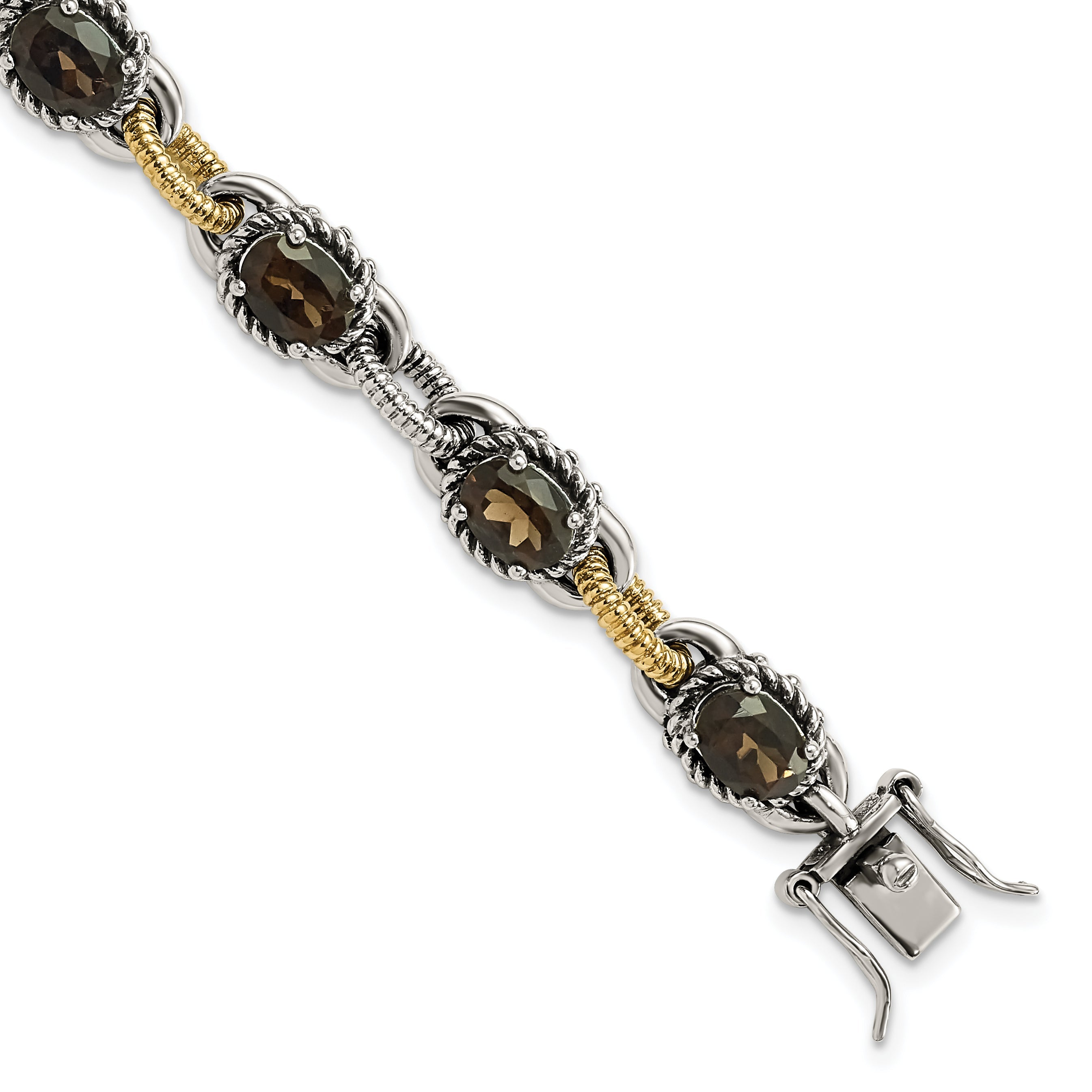 14K/Silver Two Tone Sterling Silver 14K Accent Antiqued Smoky Quartz Bracelet
