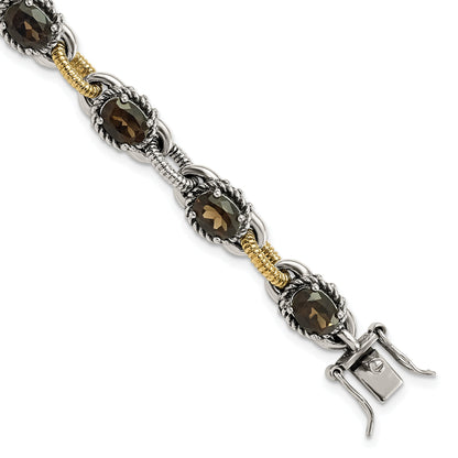 14K/Silver Two Tone Sterling Silver 14K Accent Antiqued Smoky Quartz Bracelet
