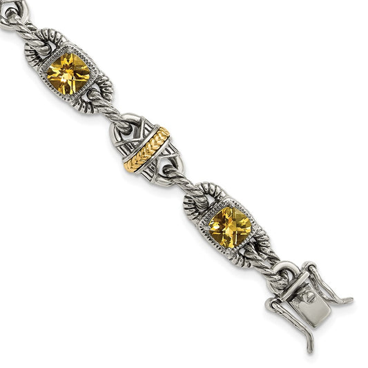 14K/Silver Two Tone Sterling Silver 14Ky Accent Polished & Antiqued Citrine Bracelet
