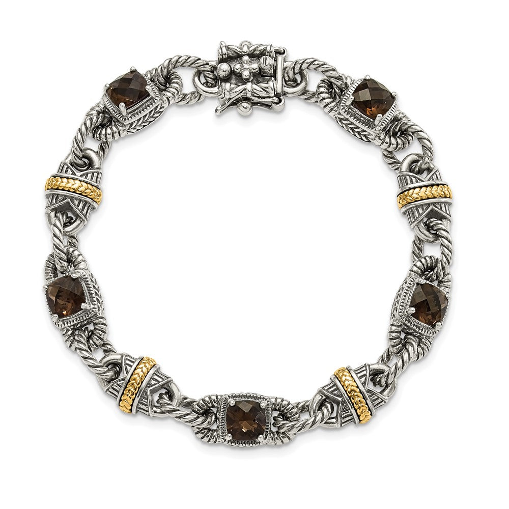 14K/Silver Two Tone Sterling Silver 14Ky Accent Polished & Antiqued Smoky Quartz Bracelet