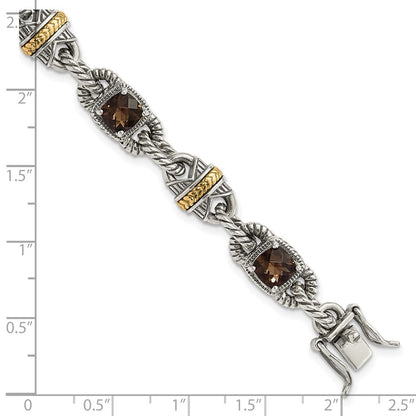 14K/Silver Two Tone Sterling Silver 14Ky Accent Polished & Antiqued Smoky Quartz Bracelet