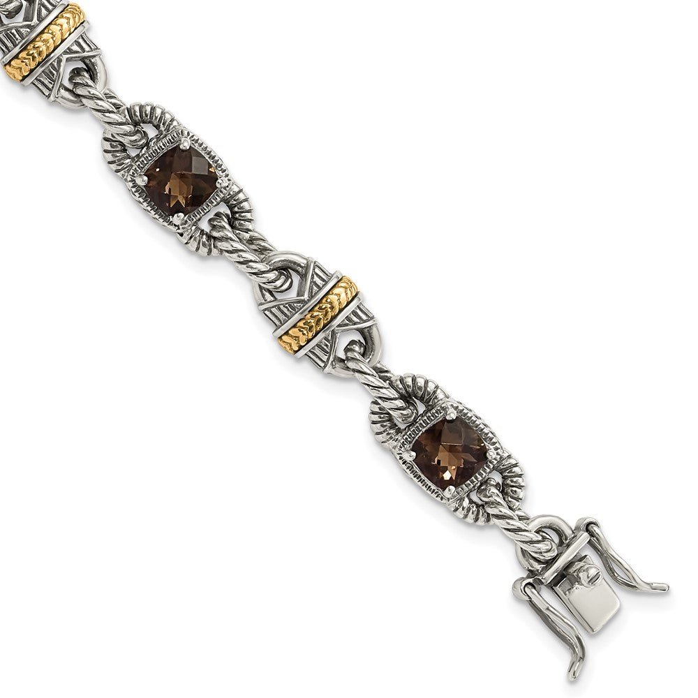 14K/Silver Two Tone Sterling Silver 14Ky Accent Polished & Antiqued Smoky Quartz Bracelet