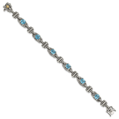 14K/Silver Two Tone Shey Couture Sterling Silver With 14K Accent 7.5 Inch Antiqued Cushion Swiss Blue Topaz Bracelet