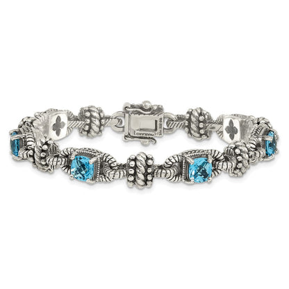 14K/Silver Two Tone Shey Couture Sterling Silver With 14K Accent 7.5 Inch Antiqued Cushion Swiss Blue Topaz Bracelet