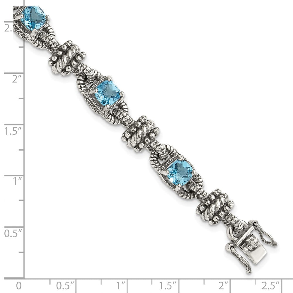 14K/Silver Two Tone Shey Couture Sterling Silver With 14K Accent 7.5 Inch Antiqued Cushion Swiss Blue Topaz Bracelet