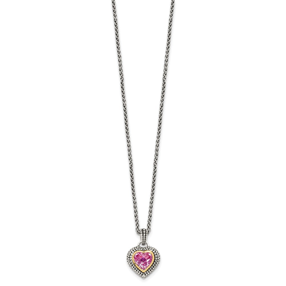 14K/Silver Two Tone Shey Couture Sterling Silver With 14K Accent 18 Inch Antiqued Heart Bezel Created Pink Sapphire Necklace