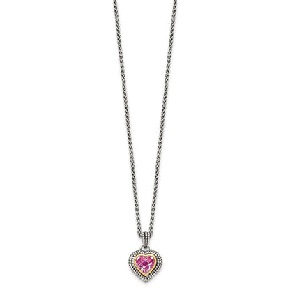 14K/Silver Two Tone Shey Couture Sterling Silver With 14K Accent 18 Inch Antiqued Heart Bezel Created Pink Sapphire Necklace
