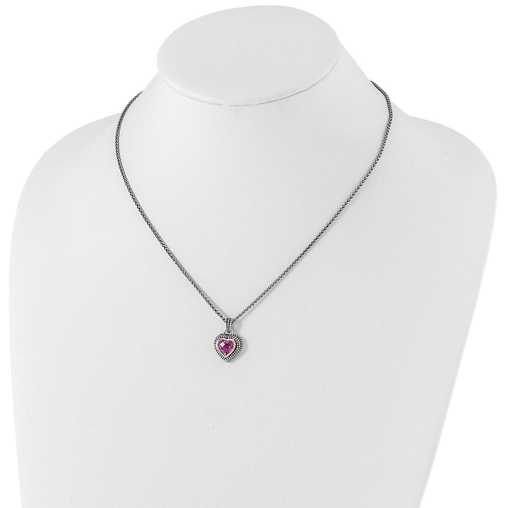 14K/Silver Two Tone Shey Couture Sterling Silver With 14K Accent 18 Inch Antiqued Heart Bezel Created Pink Sapphire Necklace