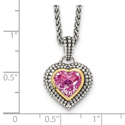 14K/Silver Two Tone Shey Couture Sterling Silver With 14K Accent 18 Inch Antiqued Heart Bezel Created Pink Sapphire Necklace