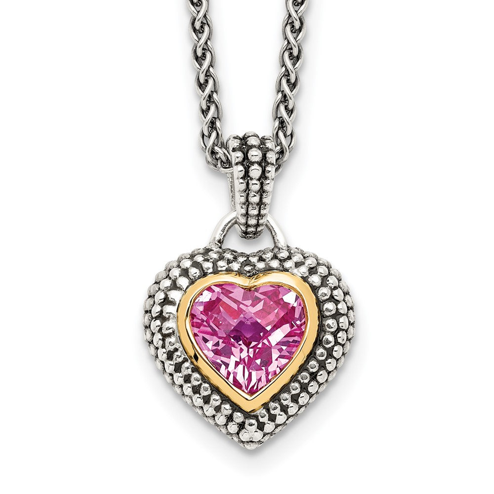 14K/Silver Two Tone Shey Couture Sterling Silver With 14K Accent 18 Inch Antiqued Heart Bezel Created Pink Sapphire Necklace