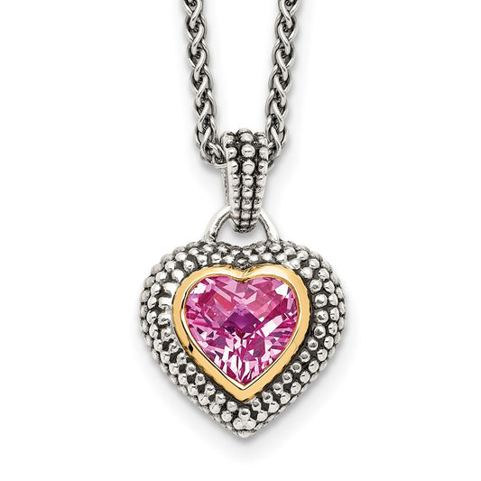 14K/Silver Two Tone Shey Couture Sterling Silver With 14K Accent 18 Inch Antiqued Heart Bezel Created Pink Sapphire Necklace