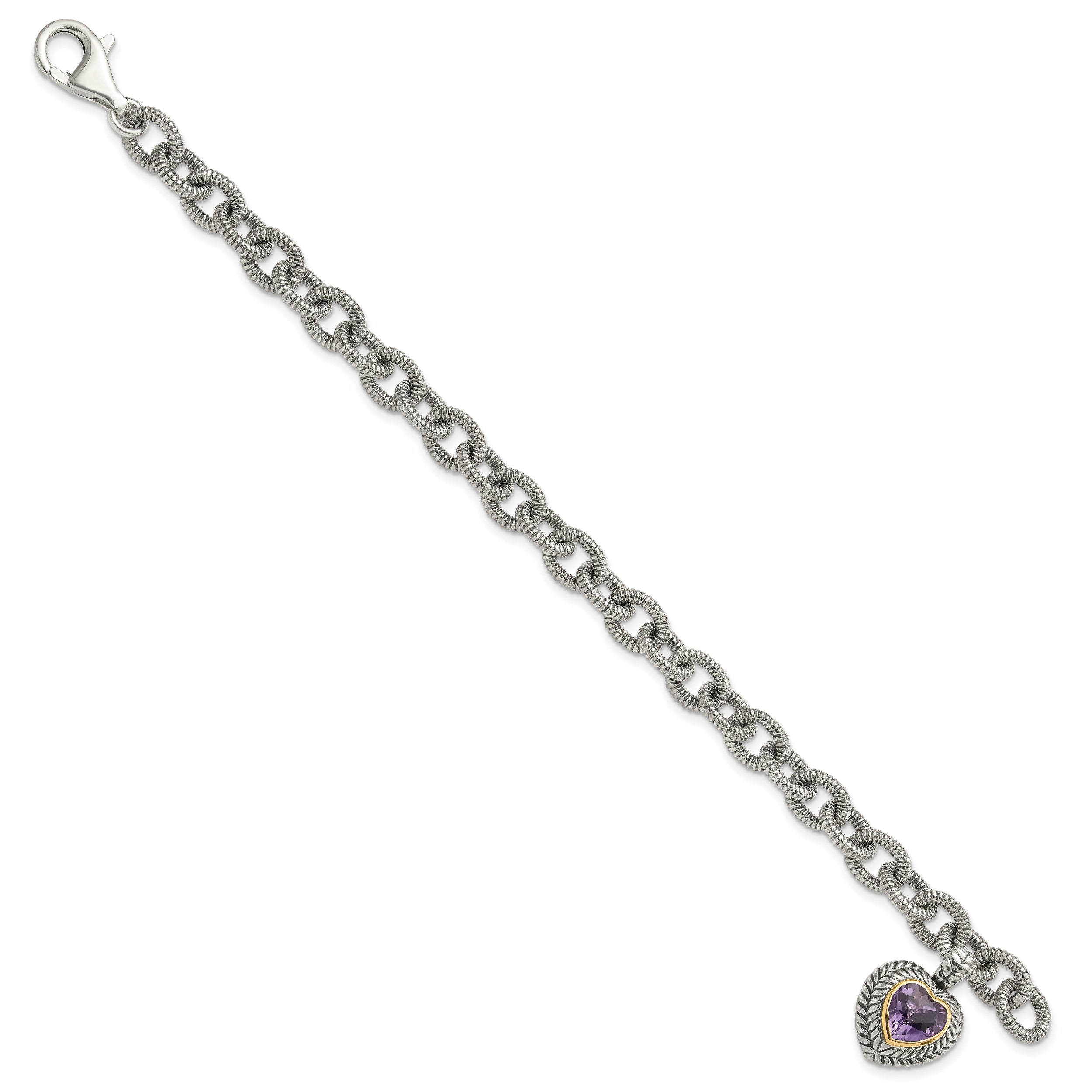 14K/Silver Two Tone Shey Couture Sterling Silver With 14K Accent 7.5 Inch Antiqued Amethyst Heart Link Bracelet