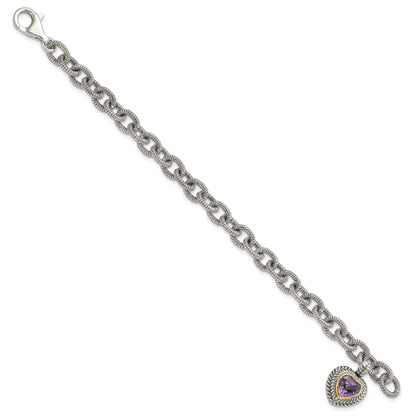 14K/Silver Two Tone Shey Couture Sterling Silver With 14K Accent 7.5 Inch Antiqued Amethyst Heart Link Bracelet