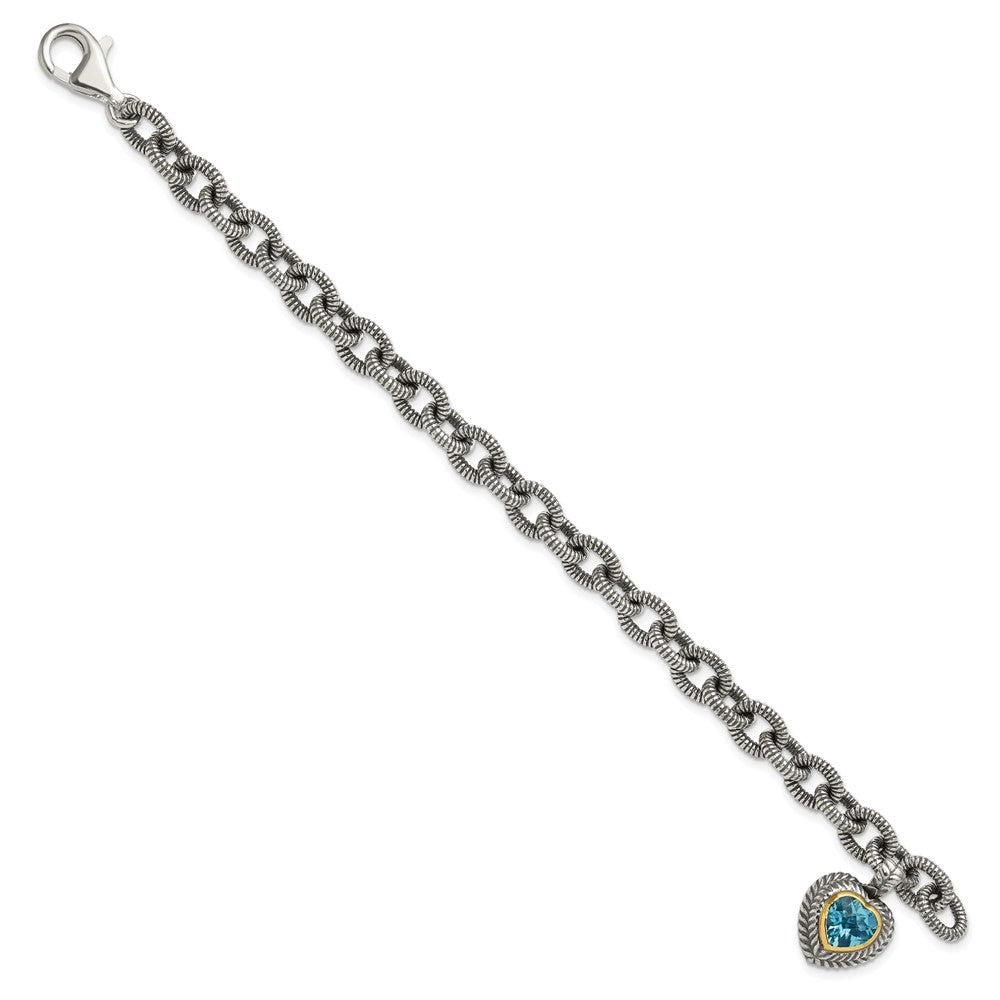 14K/Silver Two Tone Shey Couture Sterling Silver With 14K Accent 7.5 Inch Antiqued Swiss Blue Topaz Heart Bezel Bracelet