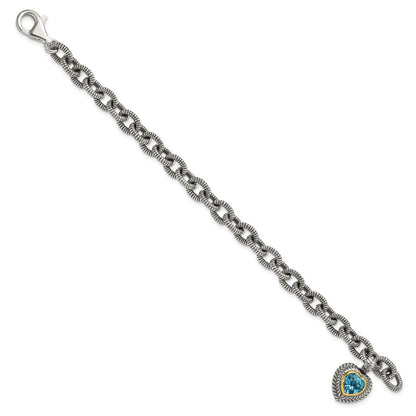 14K/Silver Two Tone Shey Couture Sterling Silver With 14K Accent 7.5 Inch Antiqued Swiss Blue Topaz Heart Bezel Bracelet