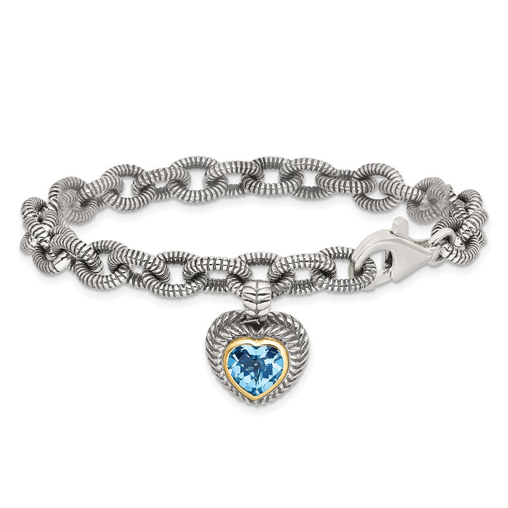 14K/Silver Two Tone Shey Couture Sterling Silver With 14K Accent 7.5 Inch Antiqued Swiss Blue Topaz Heart Bezel Bracelet