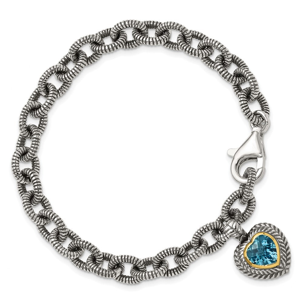 14K/Silver Two Tone Shey Couture Sterling Silver With 14K Accent 7.5 Inch Antiqued Swiss Blue Topaz Heart Bezel Bracelet
