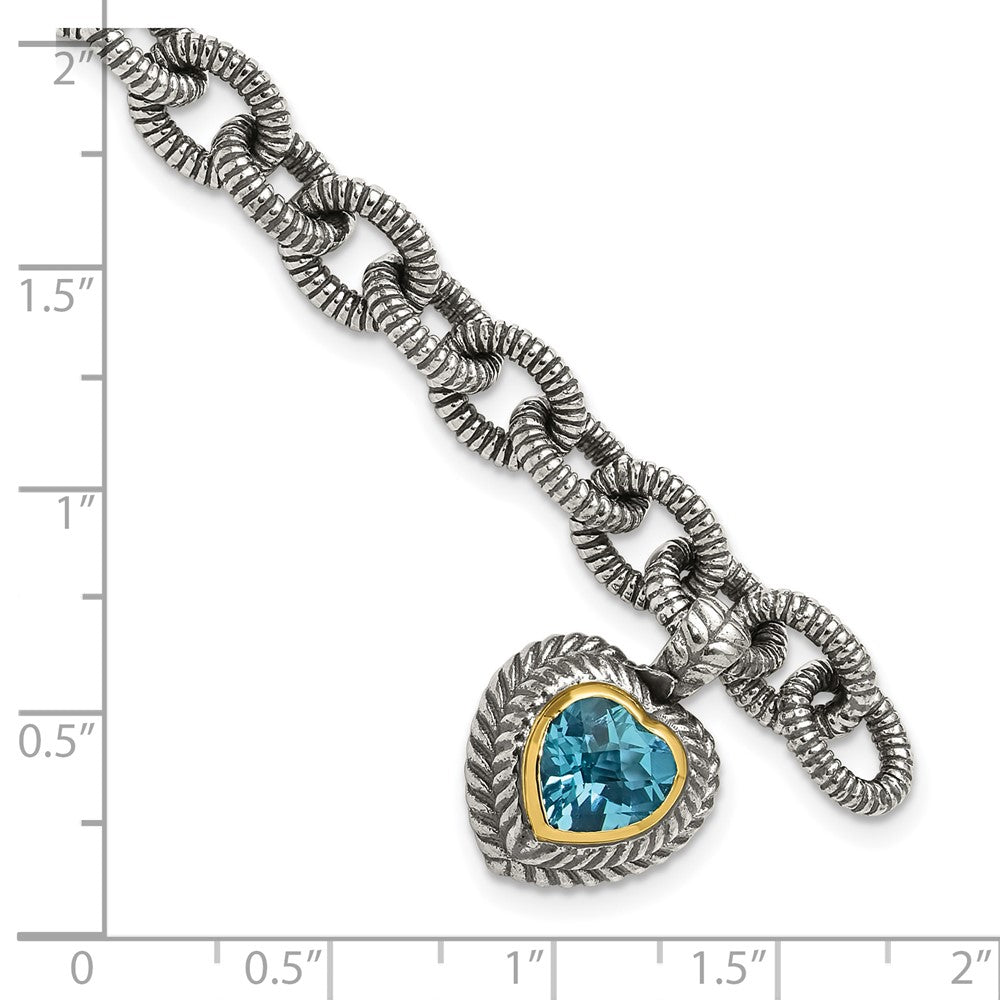 14K/Silver Two Tone Shey Couture Sterling Silver With 14K Accent 7.5 Inch Antiqued Swiss Blue Topaz Heart Bezel Bracelet