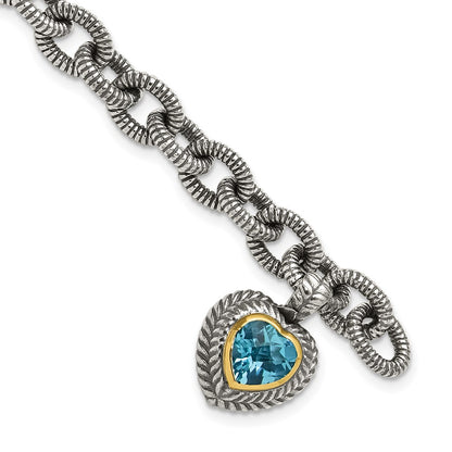 14K/Silver Two Tone Shey Couture Sterling Silver With 14K Accent 7.5 Inch Antiqued Swiss Blue Topaz Heart Bezel Bracelet
