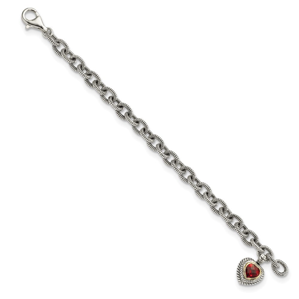 14K/Silver Two Tone Shey Couture Sterling Silver With 14K Accent 7.25 Inch Antiqued Checkerboard Garnet Heart Link Bracelet