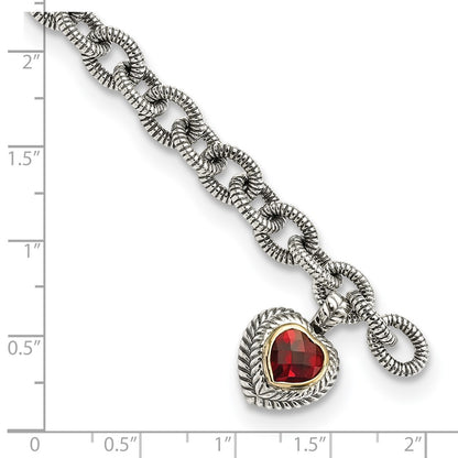 14K/Silver Two Tone Shey Couture Sterling Silver With 14K Accent 7.25 Inch Antiqued Checkerboard Garnet Heart Link Bracelet