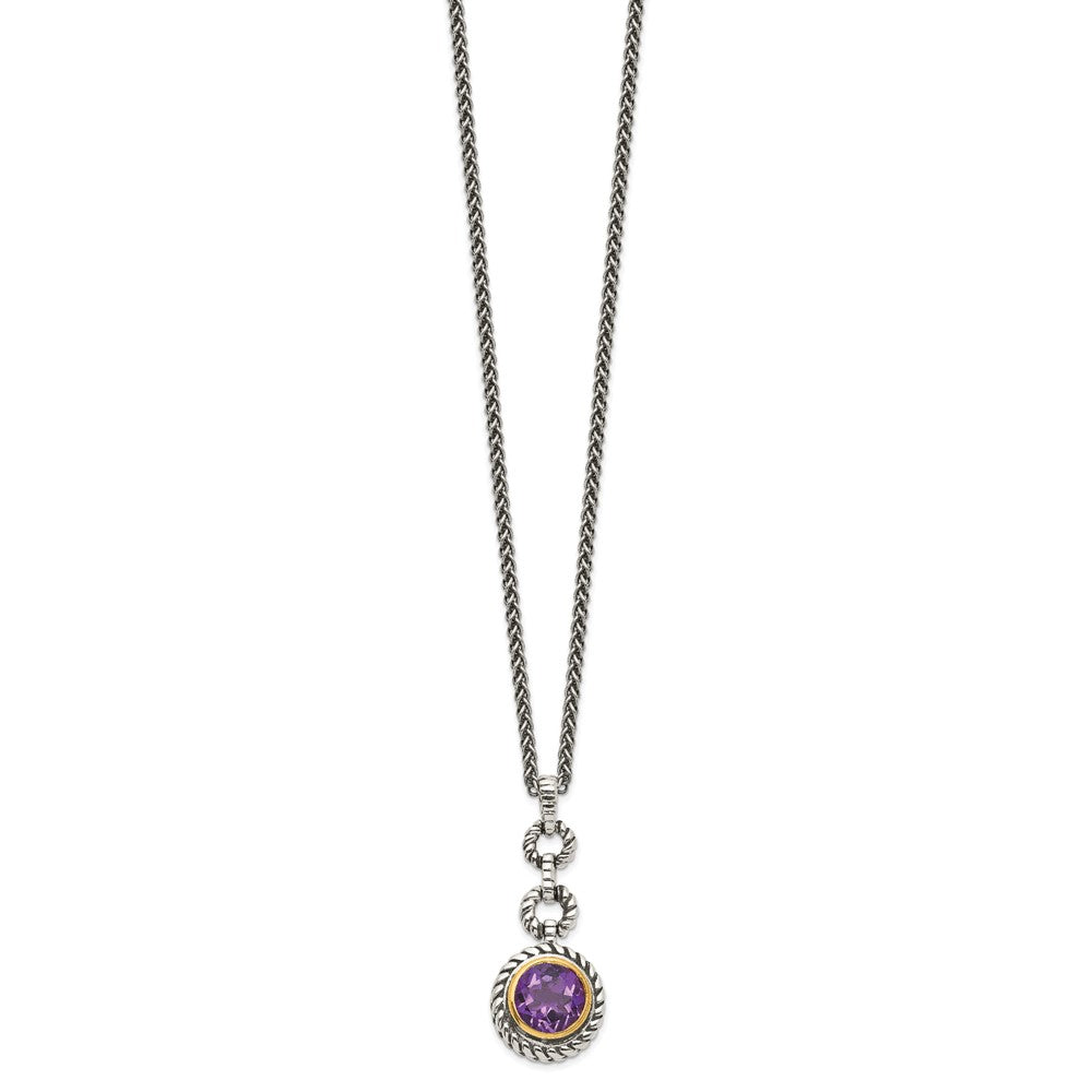 Sterling Silver Shey Couture Gold Tone Flash Plated 18 Inch Antiqued Round Bezel Amethyst Necklace