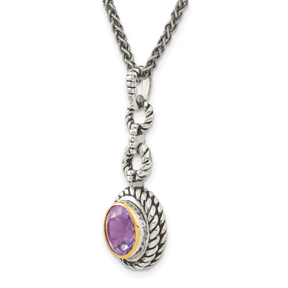 Sterling Silver Shey Couture Gold Tone Flash Plated 18 Inch Antiqued Round Bezel Amethyst Necklace