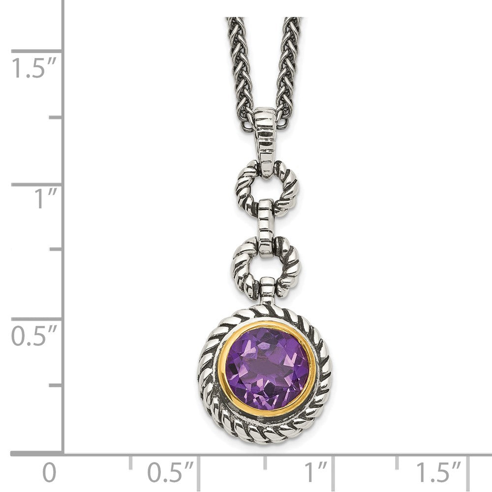 Sterling Silver Shey Couture Gold Tone Flash Plated 18 Inch Antiqued Round Bezel Amethyst Necklace