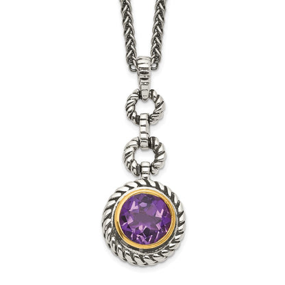 Sterling Silver Shey Couture Gold Tone Flash Plated 18 Inch Antiqued Round Bezel Amethyst Necklace