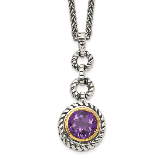Sterling Silver Shey Couture Gold Tone Flash Plated 18 Inch Antiqued Round Bezel Amethyst Necklace
