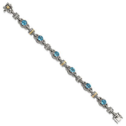 14K/Silver Two Tone Shey Couture Sterling Silver With 14K Accent 7.5 Inch Antiqued Round Swiss Blue Topaz Bracelet