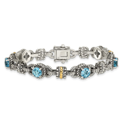 14K/Silver Two Tone Shey Couture Sterling Silver With 14K Accent 7.5 Inch Antiqued Round Swiss Blue Topaz Bracelet