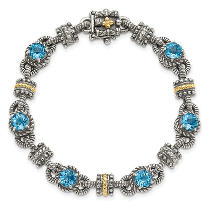 14K/Silver Two Tone Shey Couture Sterling Silver With 14K Accent 7.5 Inch Antiqued Round Swiss Blue Topaz Bracelet