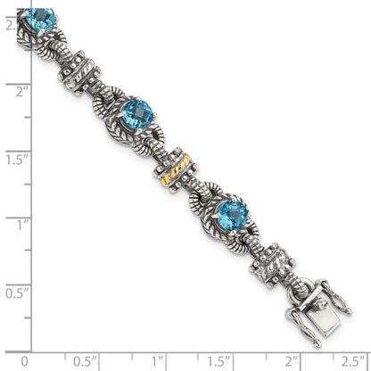 14K/Silver Two Tone Shey Couture Sterling Silver With 14K Accent 7.5 Inch Antiqued Round Swiss Blue Topaz Bracelet