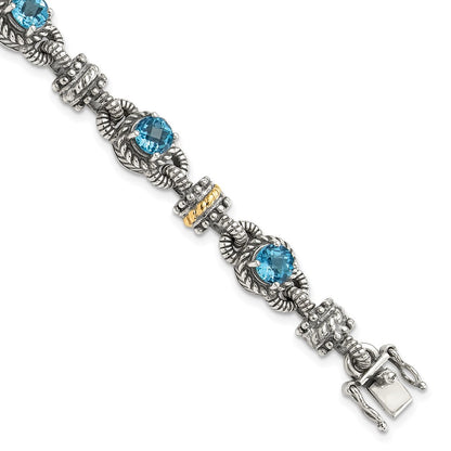 14K/Silver Two Tone Shey Couture Sterling Silver With 14K Accent 7.5 Inch Antiqued Round Swiss Blue Topaz Bracelet
