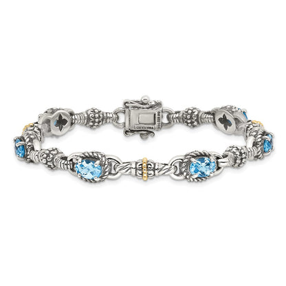 14K/Silver Two Tone Shey Couture Sterling Silver With 14K Accent 7.25 Inch Antiqued Oval Swiss Blue Topaz Bracelet